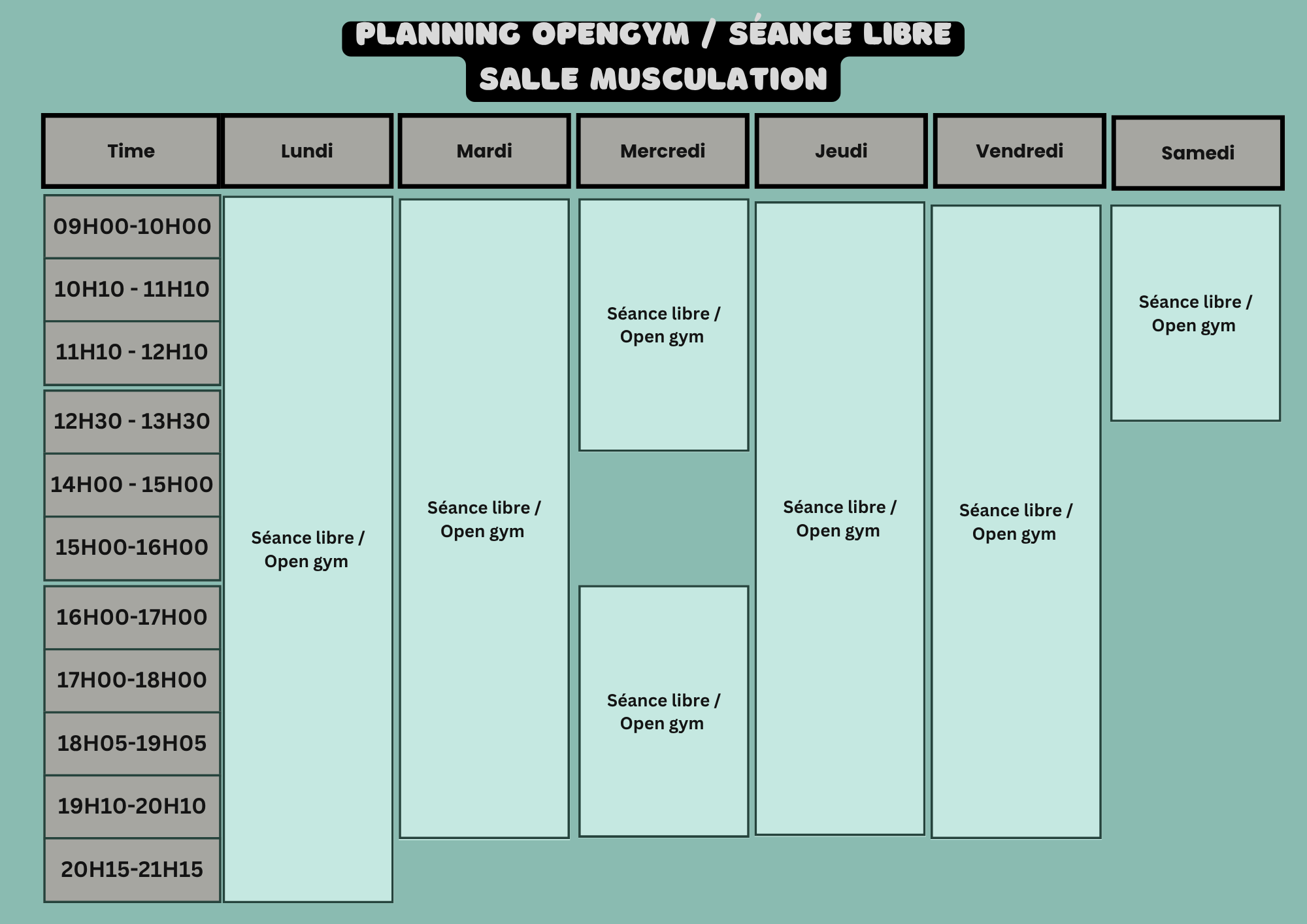 Planning Musculation - Horaires d'ouverture
